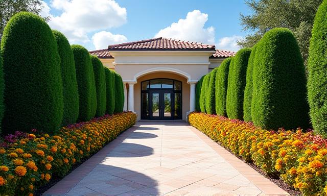 A grand commercial property entrance with perfectly trimmed hedges and colorful seasonal annuals creating a welcoming view