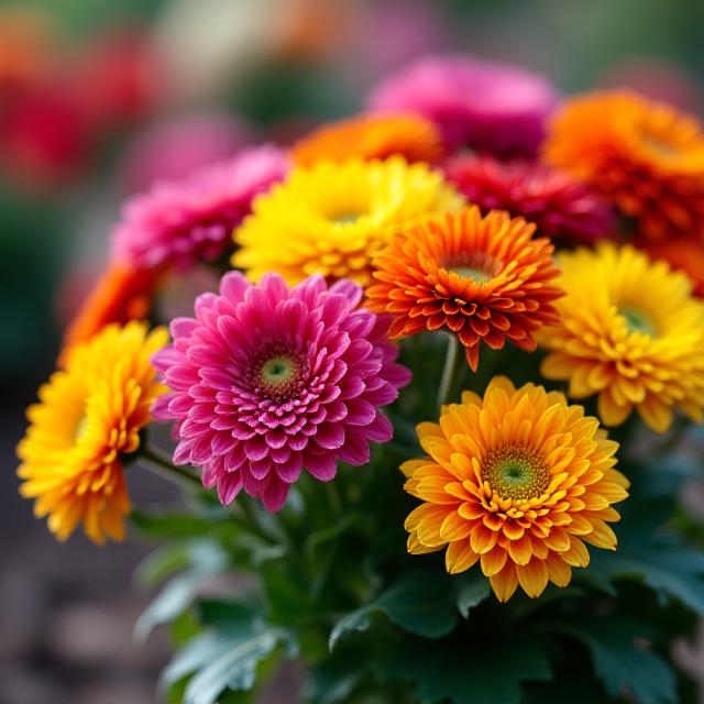 A close-up view of a meticulously arranged seasonal flower installation vibrant with color in a garden bed
