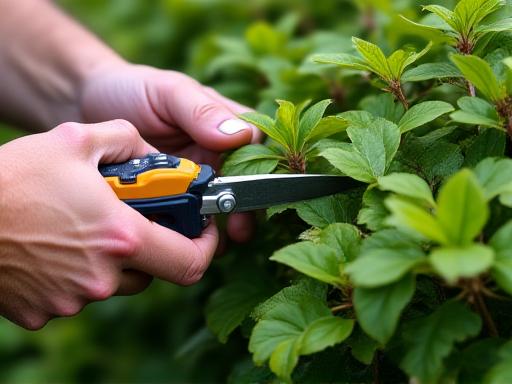 Skilled arborist trimming an ornamental shrub carefully